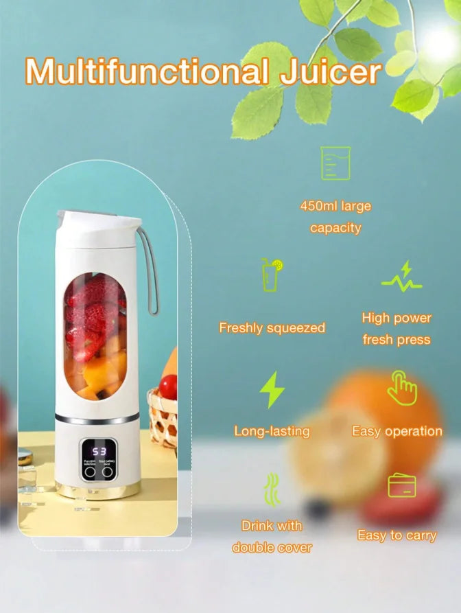 White portable electric juicer with a digital display, clear blending chamber, and carrying strap on a yellow surface.