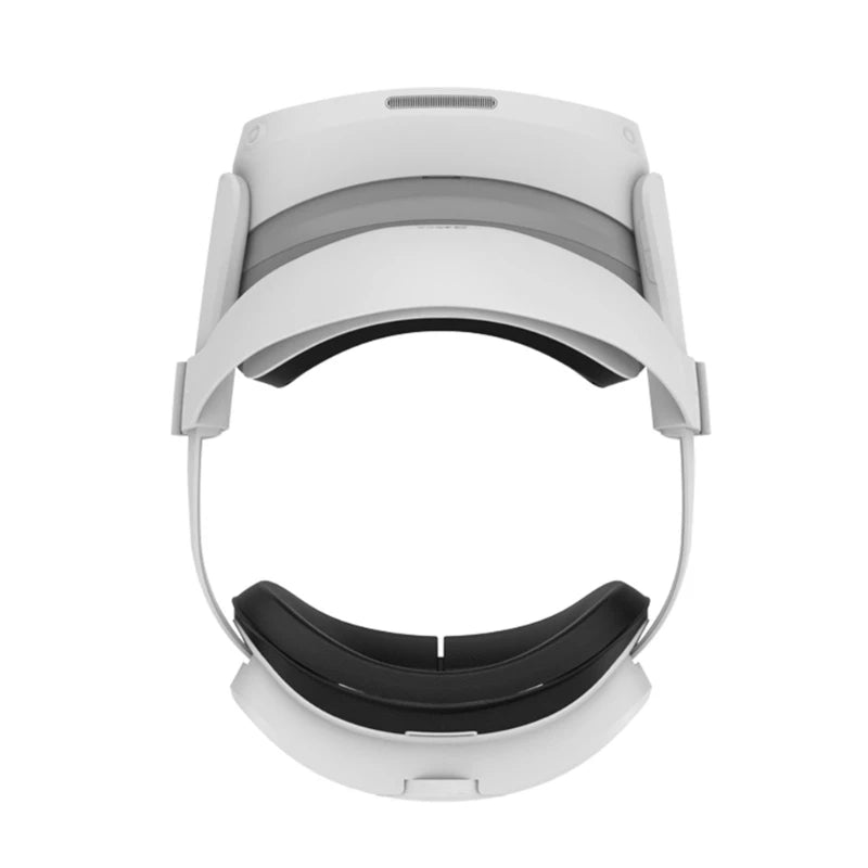 Top-down view of a white, ergonomic VR head strap for Pico 4 Ultra with comfortable black padded cushioning.