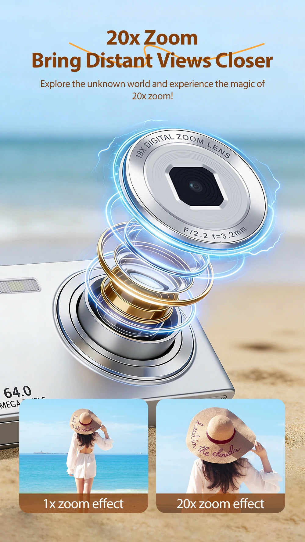 Silver digital camera with 64MP lens and 20x zoom, showing lens detail and comparison photos against a beach background.