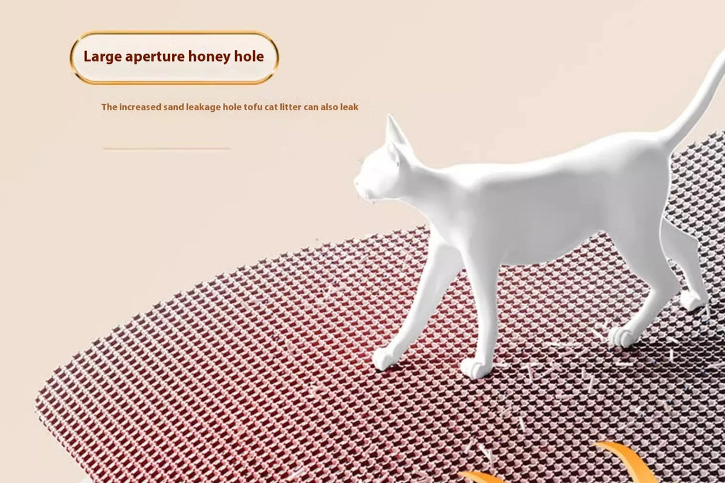 A dark brown, heavy-duty waterproof cat litter mat with a honeycomb texture to trap litter, shown with a cat model.