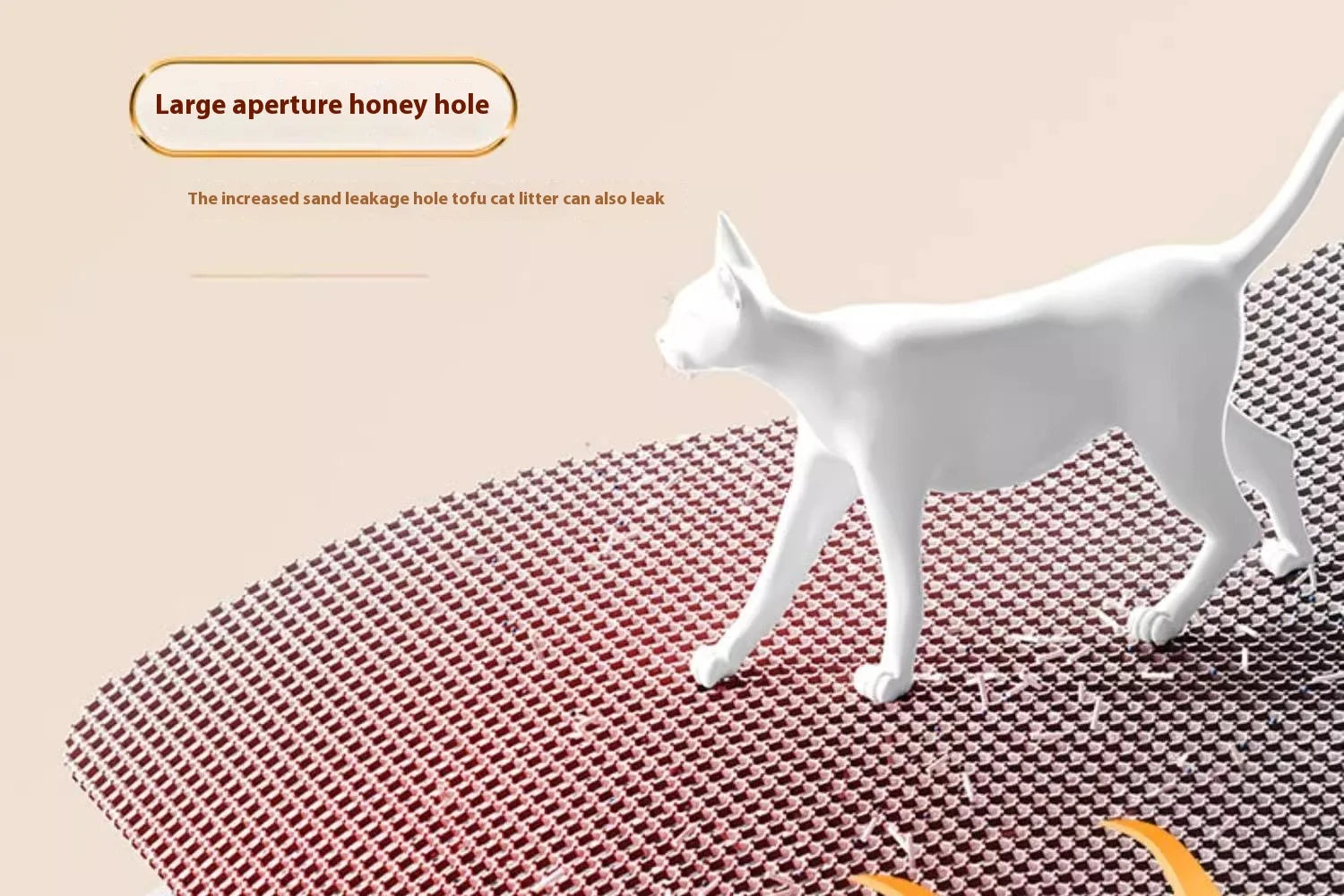 A dark brown, heavy-duty waterproof cat litter mat with a honeycomb texture to trap litter, shown with a cat model.