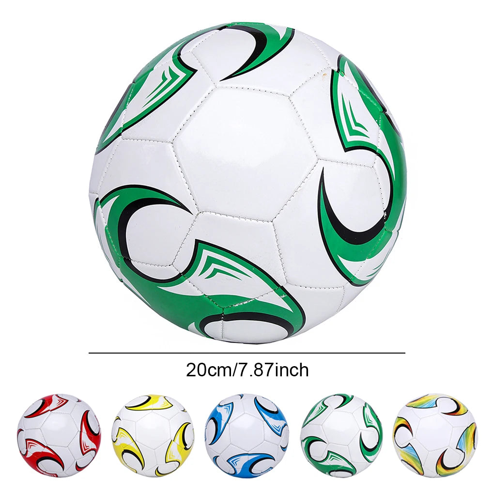White football with geometric green and black patterns, measuring 20cm in diameter. Five colour variants shown below.