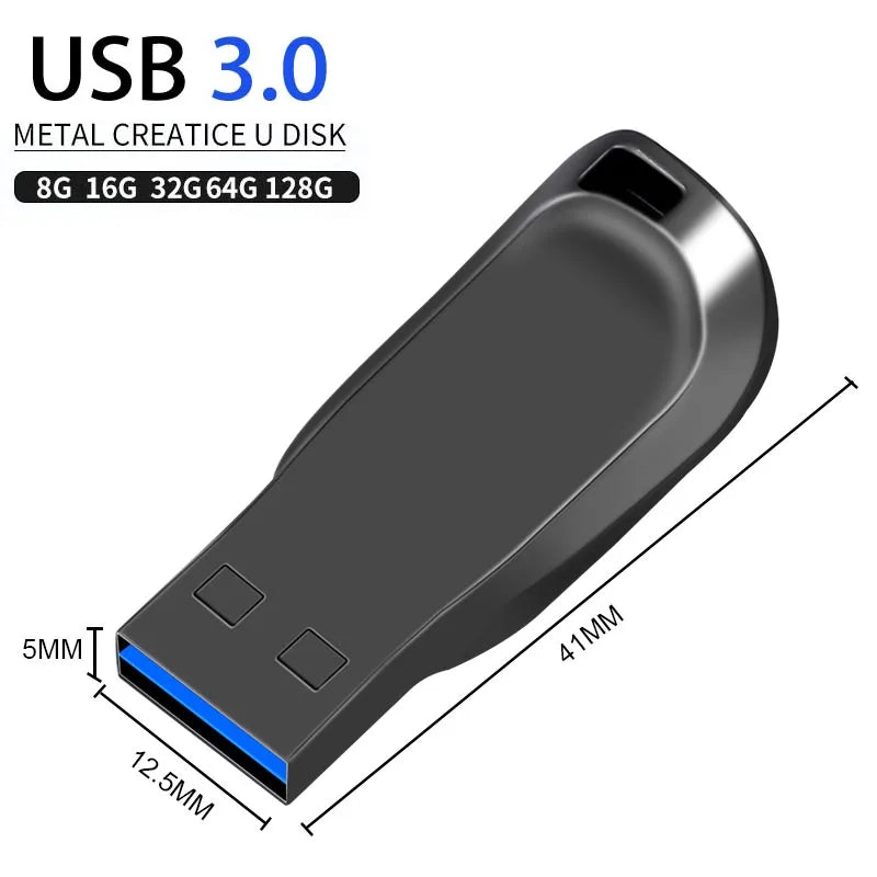 A sleek, grey metal USB 3.0 flash drive with a compact, curved design and measurements of 41mm by 12.5mm.