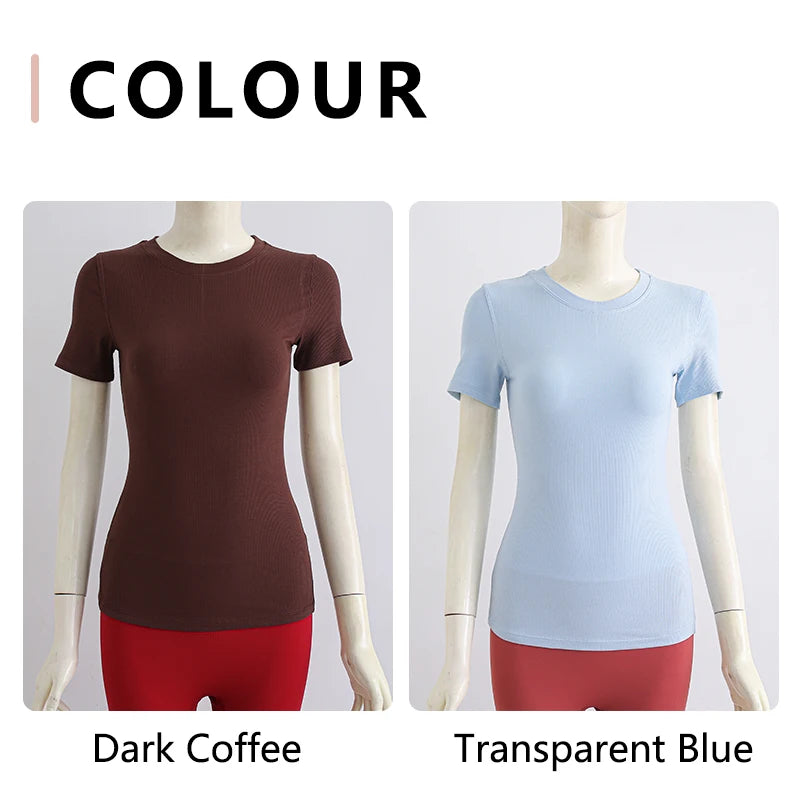 Two ribbed crew-neck T-shirts in dark coffee and light blue, shown on mannequins.