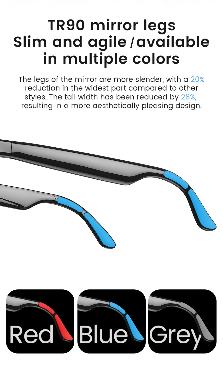 Close-up of slim, smart audio glasses arms in black, featuring colourful, interchangeable ear tips in red, blue or grey.