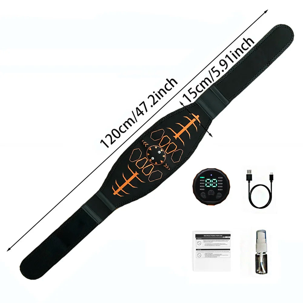 Black electric abdominal muscle training belt with orange accents, digital controller, USB cable, and spray bottle.