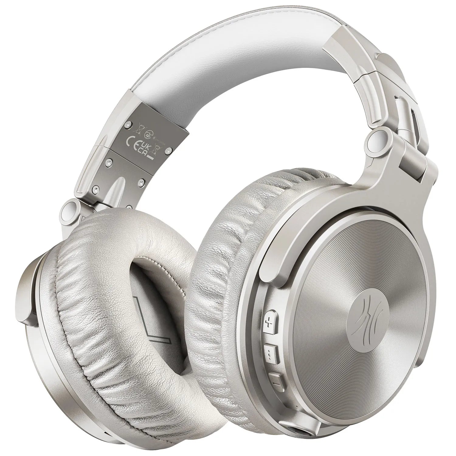 Silver wireless over-ear headphones with plush ear cushions and side-mounted volume control buttons.