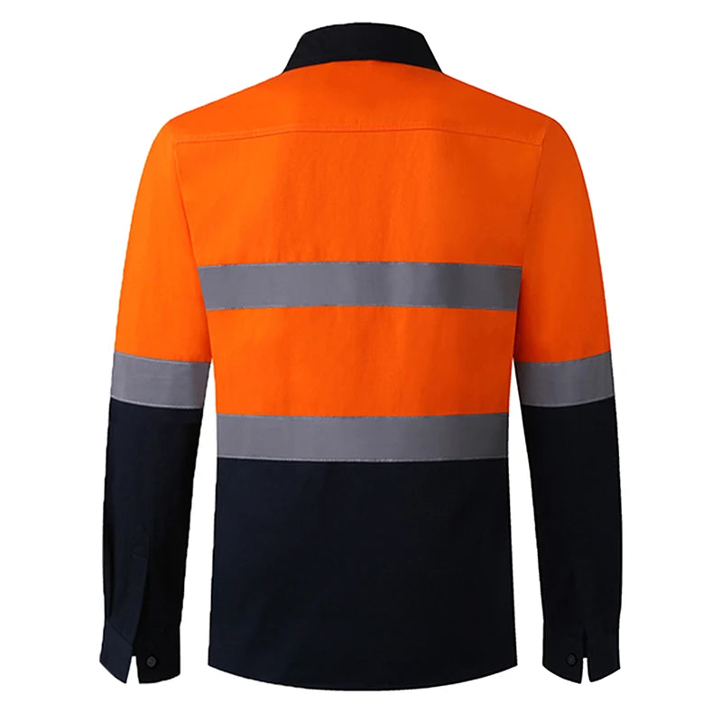 Back view of a high-visibility orange and navy long-sleeve work shirt with silver reflective tape stripes.