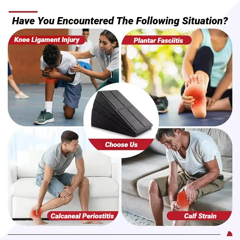Black foam slant board for physical therapy, shown with photos of people with various leg and foot injuries.
