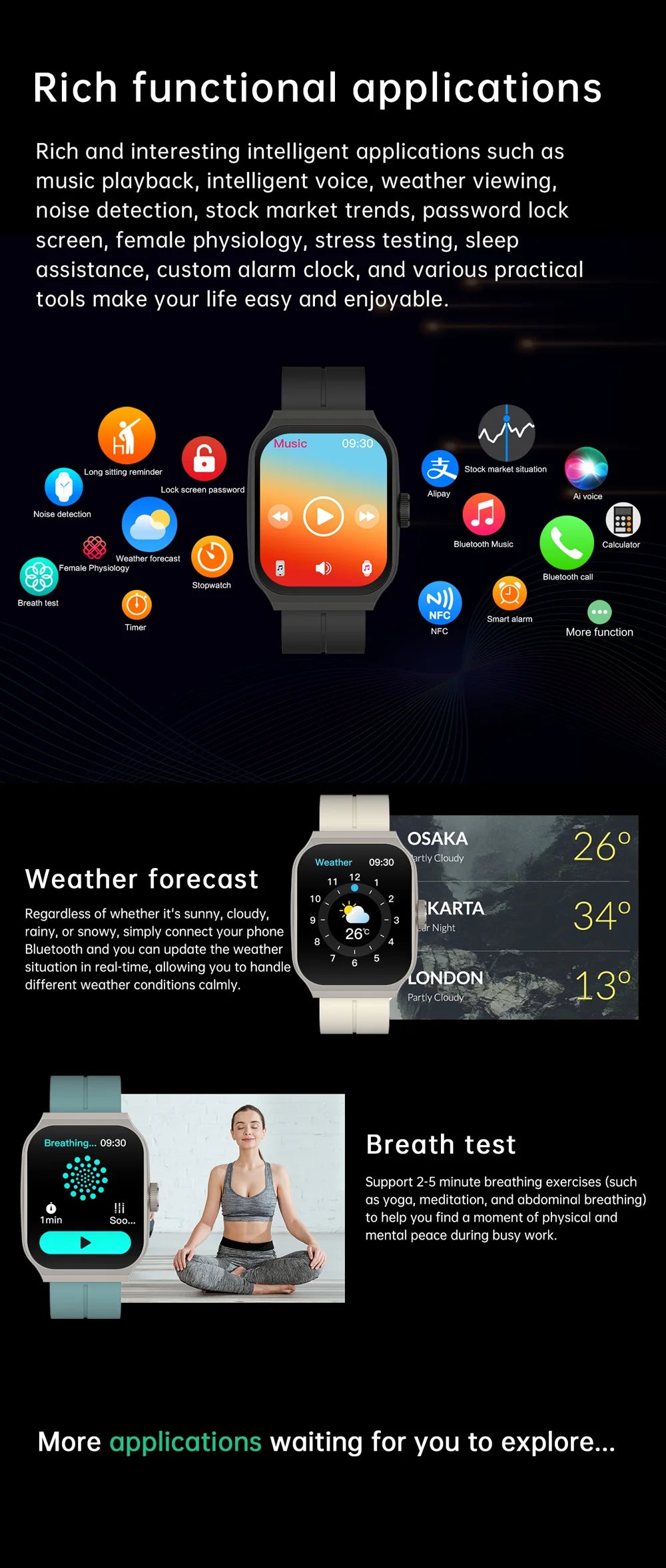 Smartwatch with a 2.01-inch curved screen showing various app icons, weather updates, and a breath training interface.