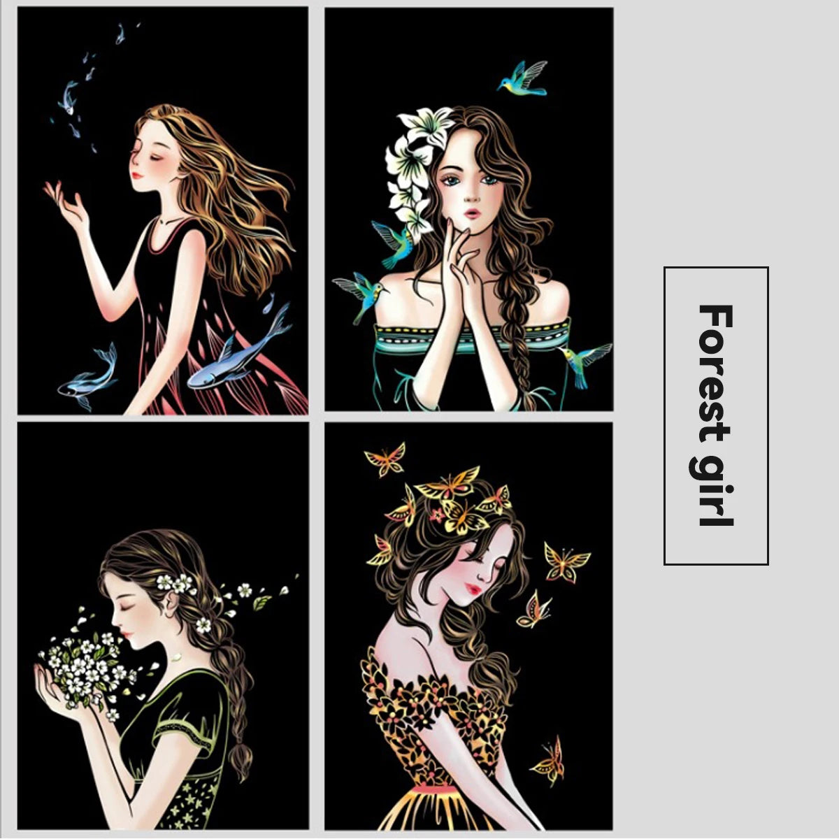 Set of four artistic prints featuring illustrations of young women with nature motifs like flowers, fish, and butterflies.