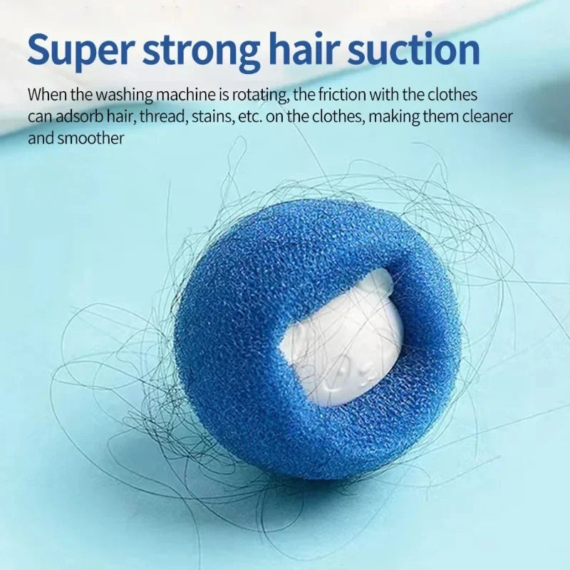 Blue sponge laundry ball with a white bear-shaped centre, covered in stray hairs against a light blue background.