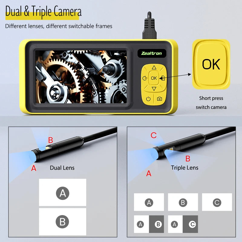 Yellow 4.3-inch inspection camera showing dual and triple lens options with switchable views on the display screen.