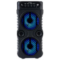 Portable black wireless speaker with dual glowing blue LED speakers and integrated playback controls.