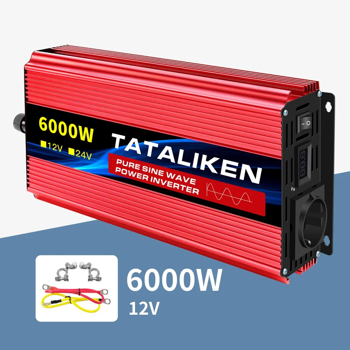 Red 6000W pure sine wave power inverter with a digital display, power switch, AC outlet and included battery cables.