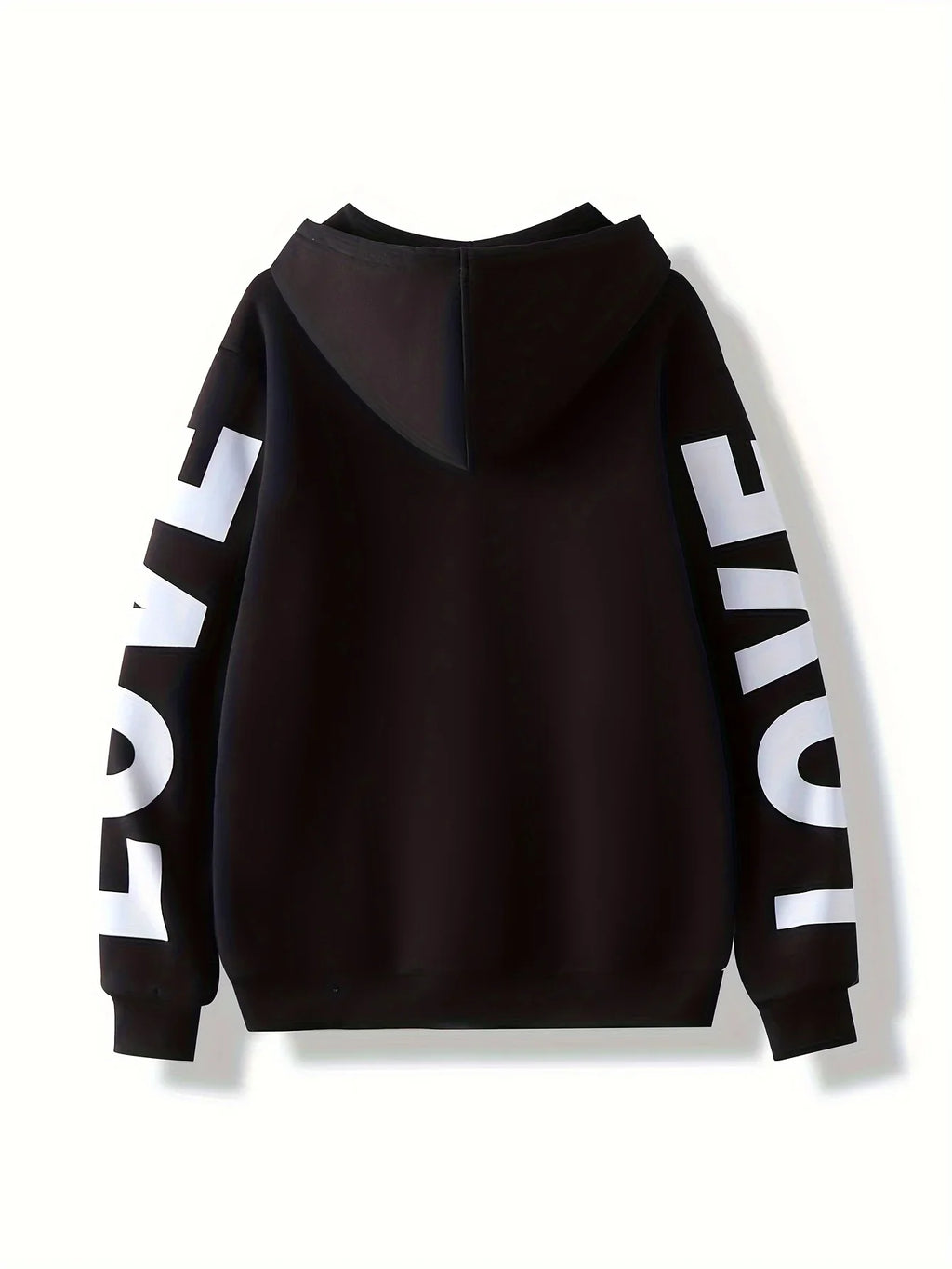Black hooded sweatshirt with white 'LOVE' text printed down both sleeves, shown from the back.