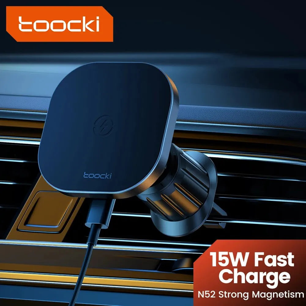 Black, square-shaped magnetic wireless car charger mounted on an air vent with a charging cable attached.