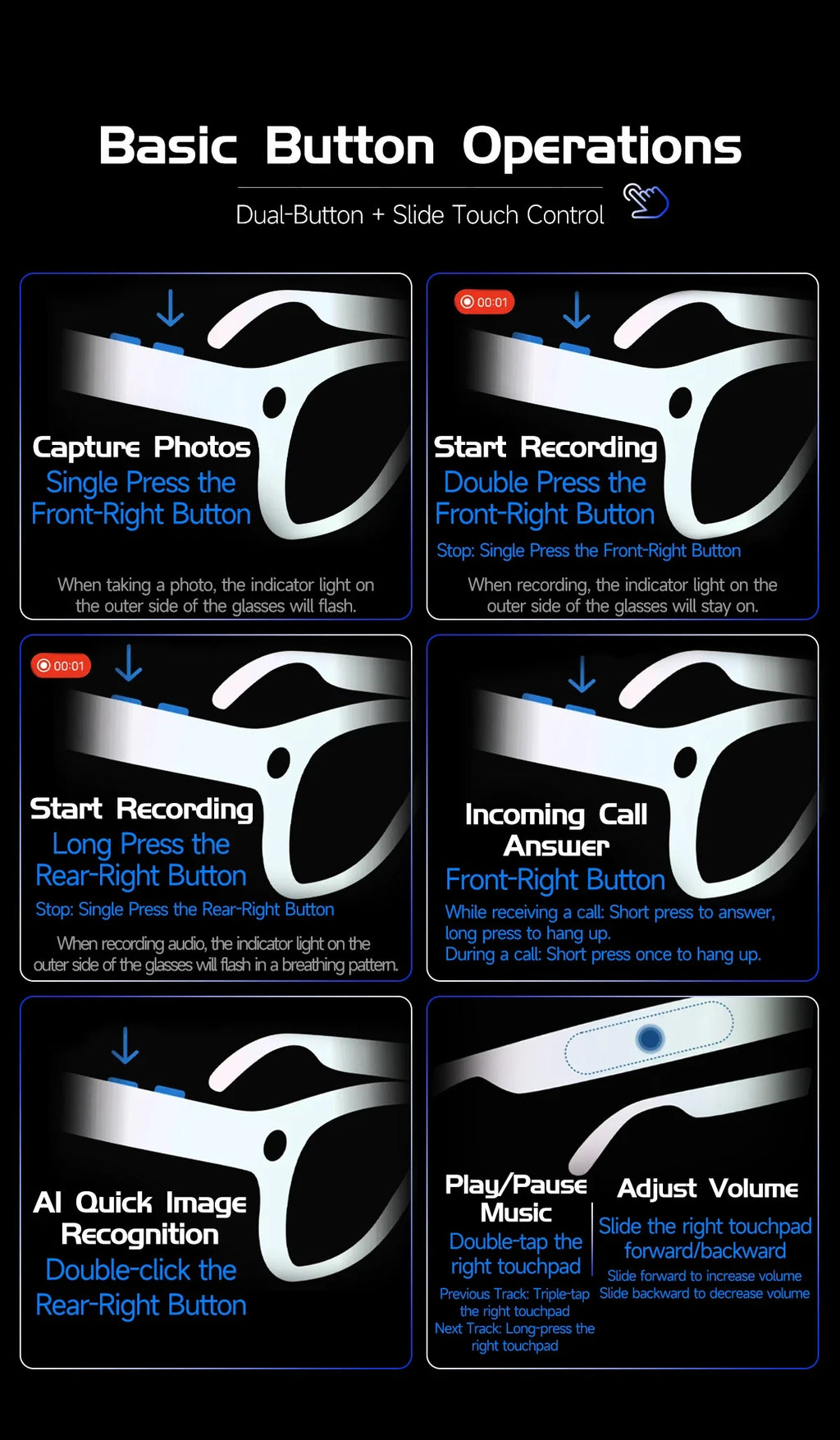 Infographic showing button and touch controls for smart glasses: recording, photo capture, calls, and audio playback.
