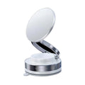 White and silver compact mirror with a circular base, modern design, and adjustable lid.