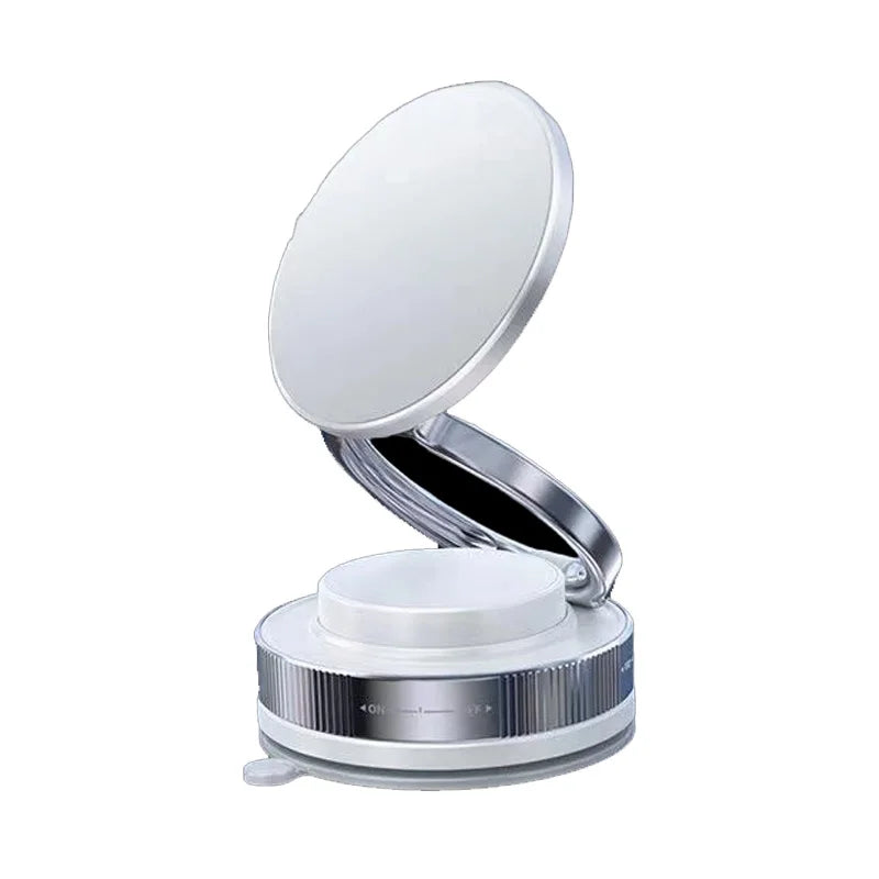 White and silver compact mirror with a circular base, modern design, and adjustable lid.