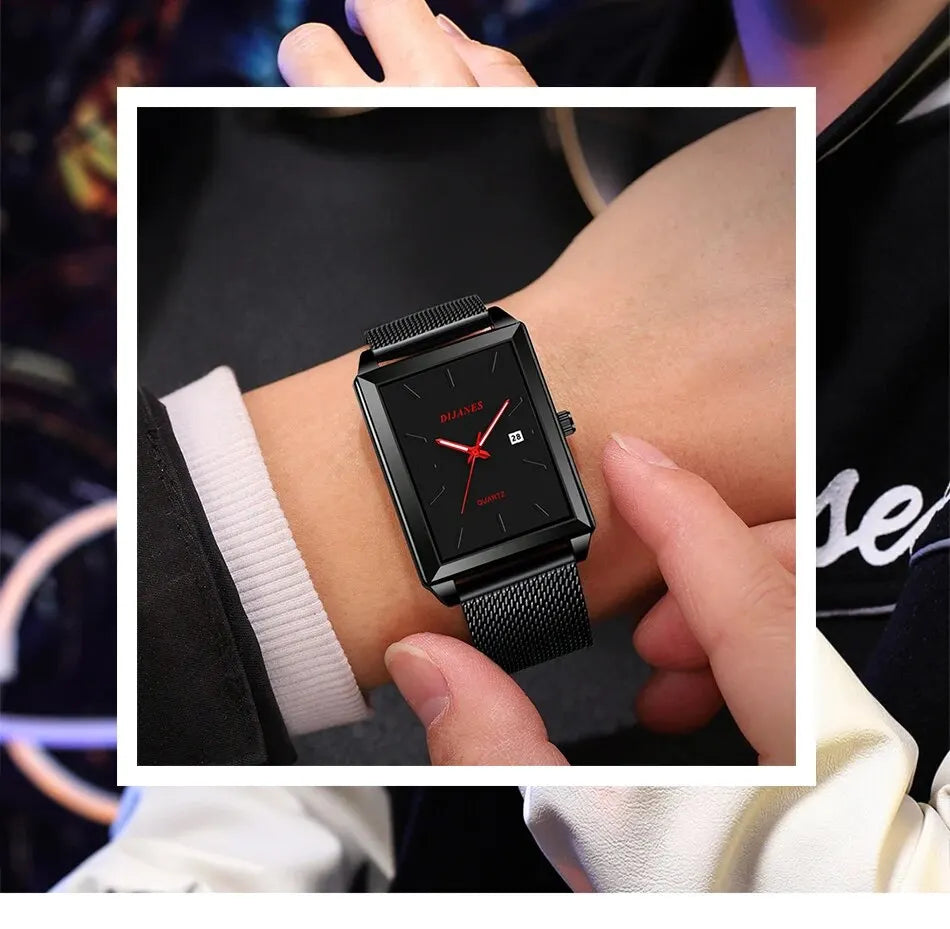 Men’s black square quartz watch with a sleek mesh stainless steel strap, red hands, and a date display.