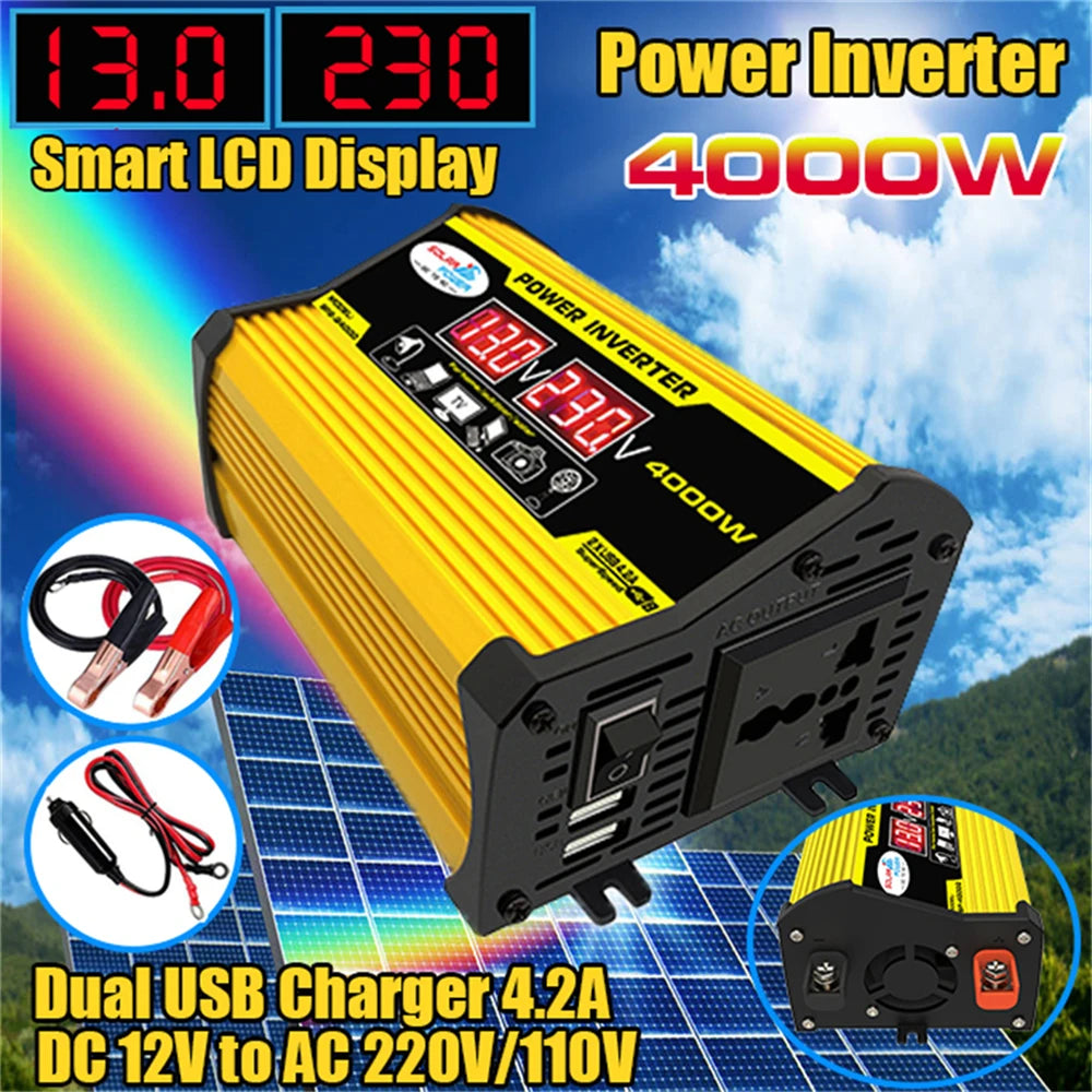 Yellow 4000W DC to AC power inverter with smart LCD screen, dual USB ports, battery clips and car cigarette plug.