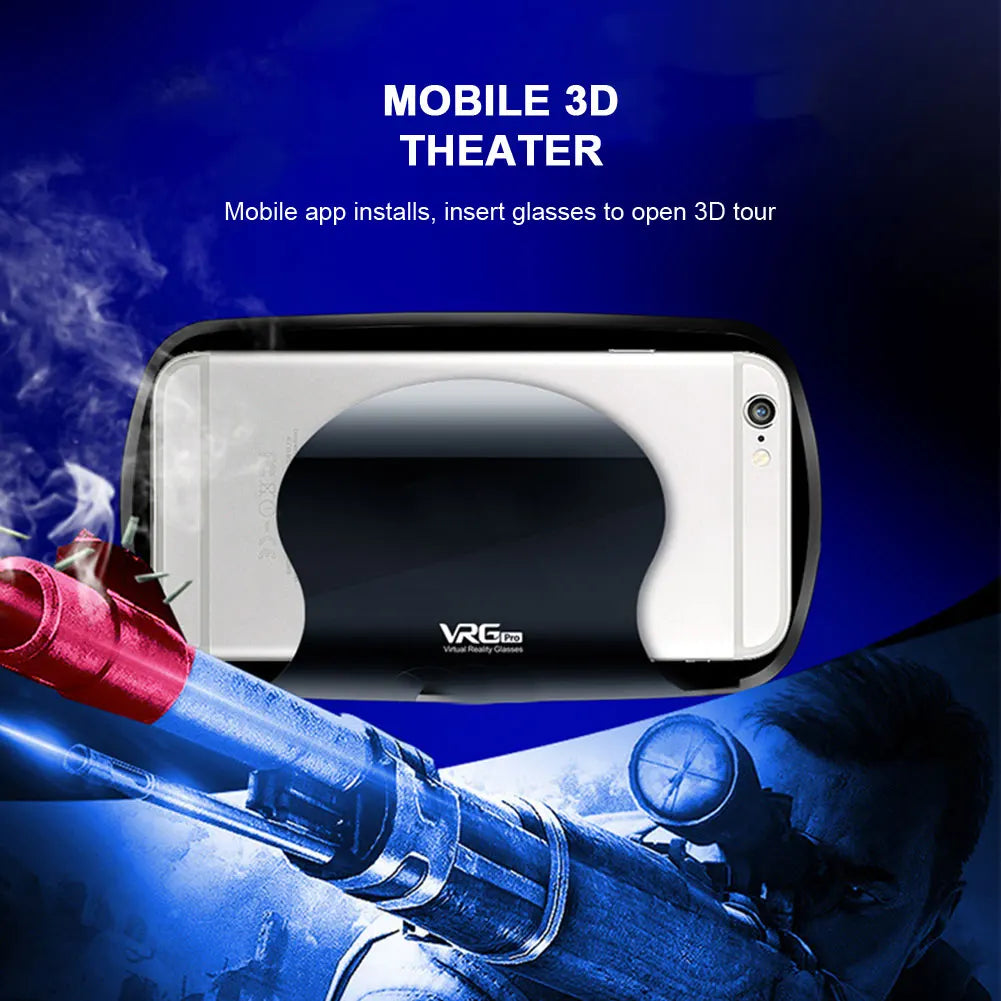 Black VR headset for smartphones, featuring a sleek, minimalist design, shown against a blue gaming-themed background.
