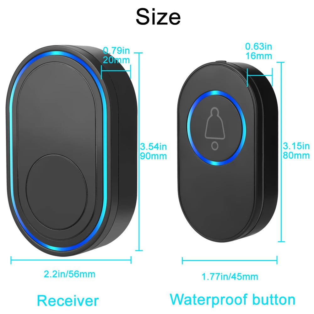 Black wireless smart doorbell and receiver with blue LED ring lights, shown with dimensions in inches and millimetres.