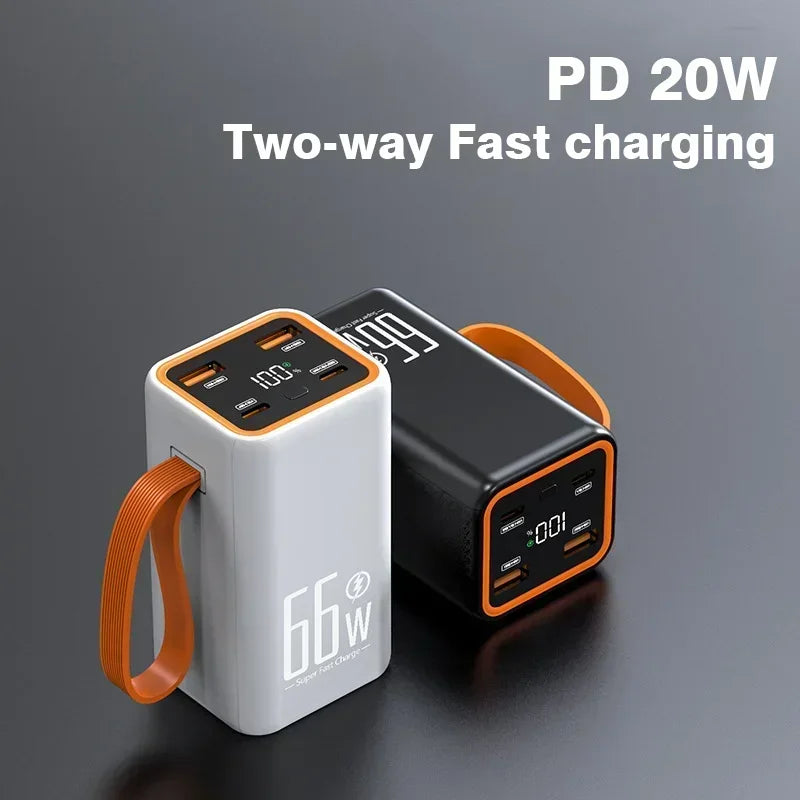 White and black 20,000mAh portable power banks with orange carry straps, digital displays and multiple charging ports.