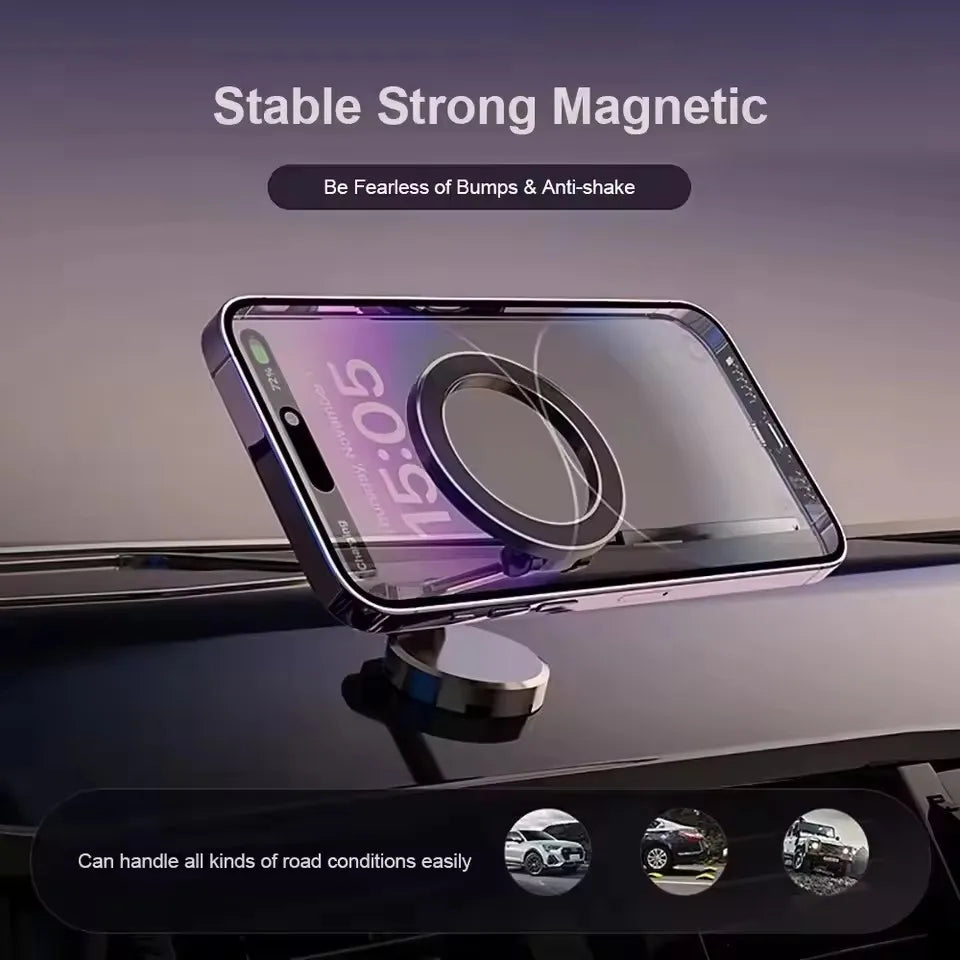 Silver magnetic car phone mount securely holding a smartphone on a dashboard, designed for stability on bumpy roads.