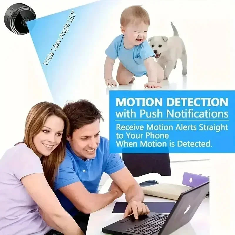 Small black round security camera with 150-degree wide-angle lens, motion detection, and mobile phone alerts.