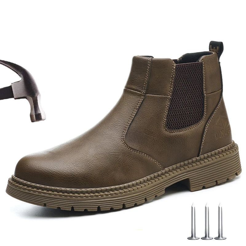 Brown leather safety boot with steel toe, elastic side panels, thick treaded sole, a hammer, and nails.