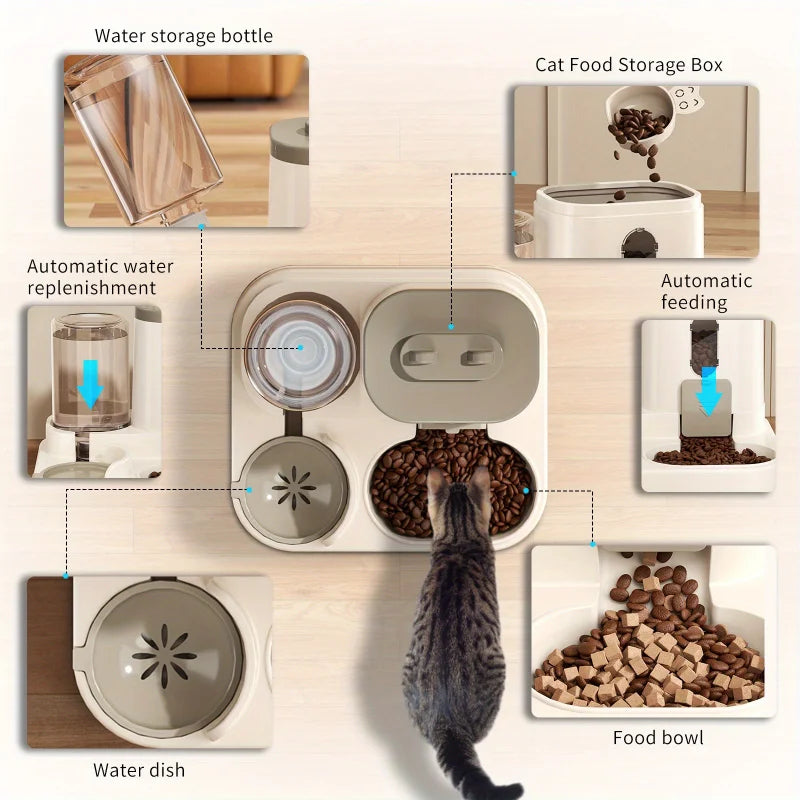 Cream-coloured automatic pet feeder and water fountain with a cat eating, showing storage and replenishment features.