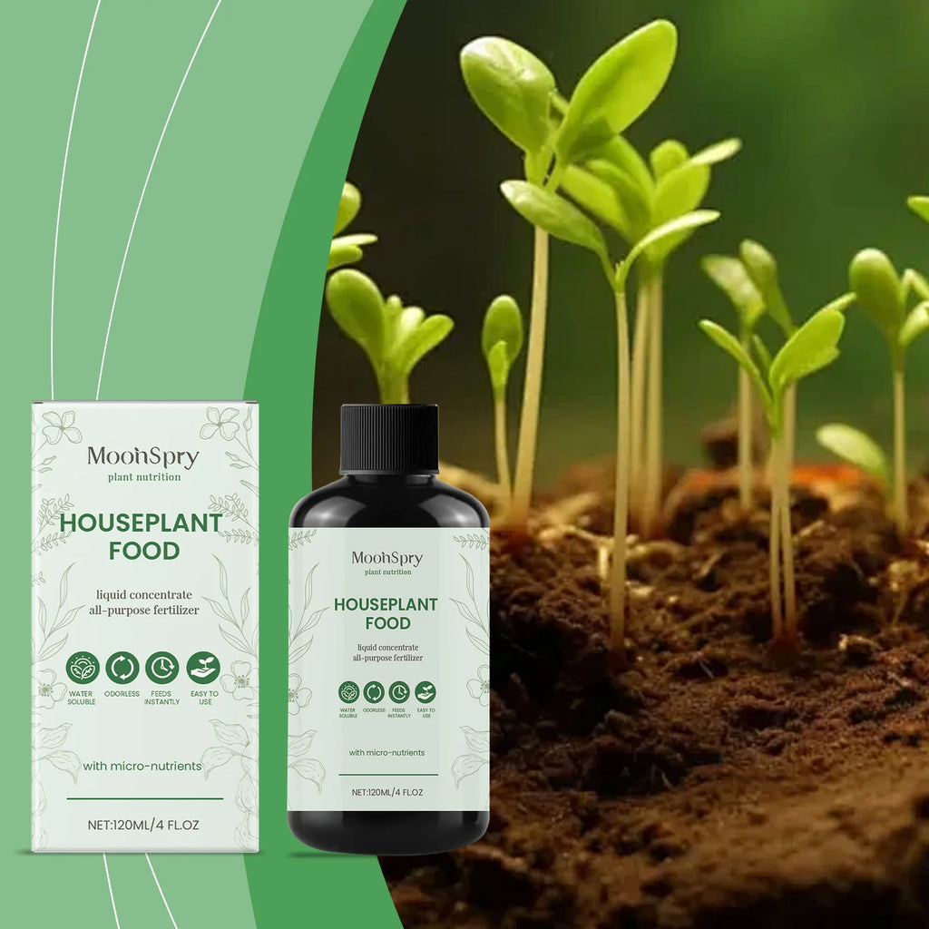 Bottle of liquid houseplant food concentrate with box, featuring green botanical design and seedling background.