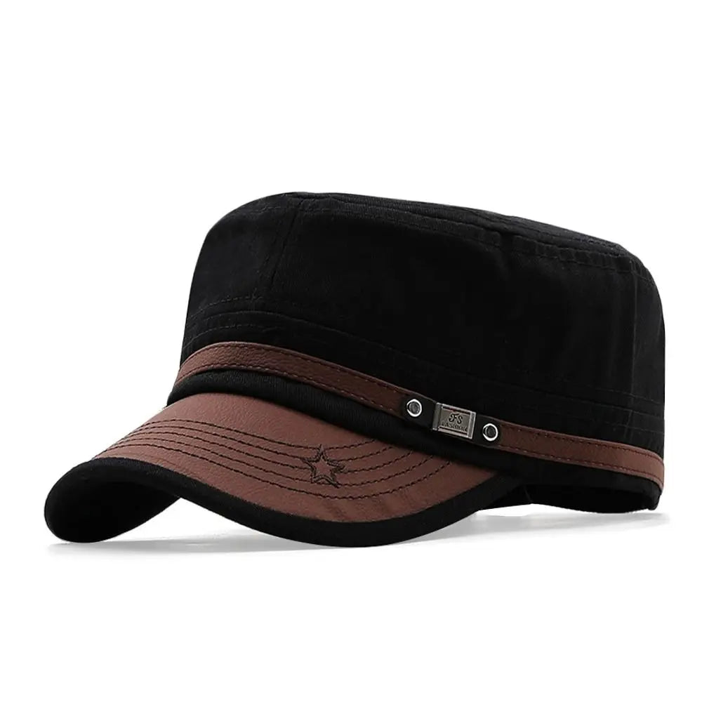 Unisex black flat-top cap with a brown leather-look peak, star stitching detail, and decorative side trim.
