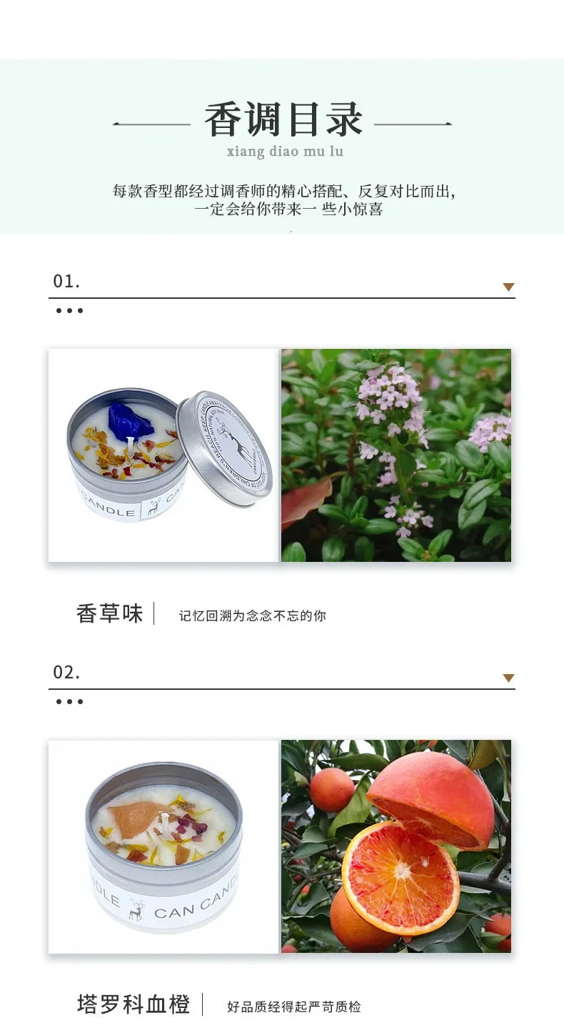 Two scented candles in silver travel tins, decorated with dried botanicals and crystals, next to herb and blood orange.