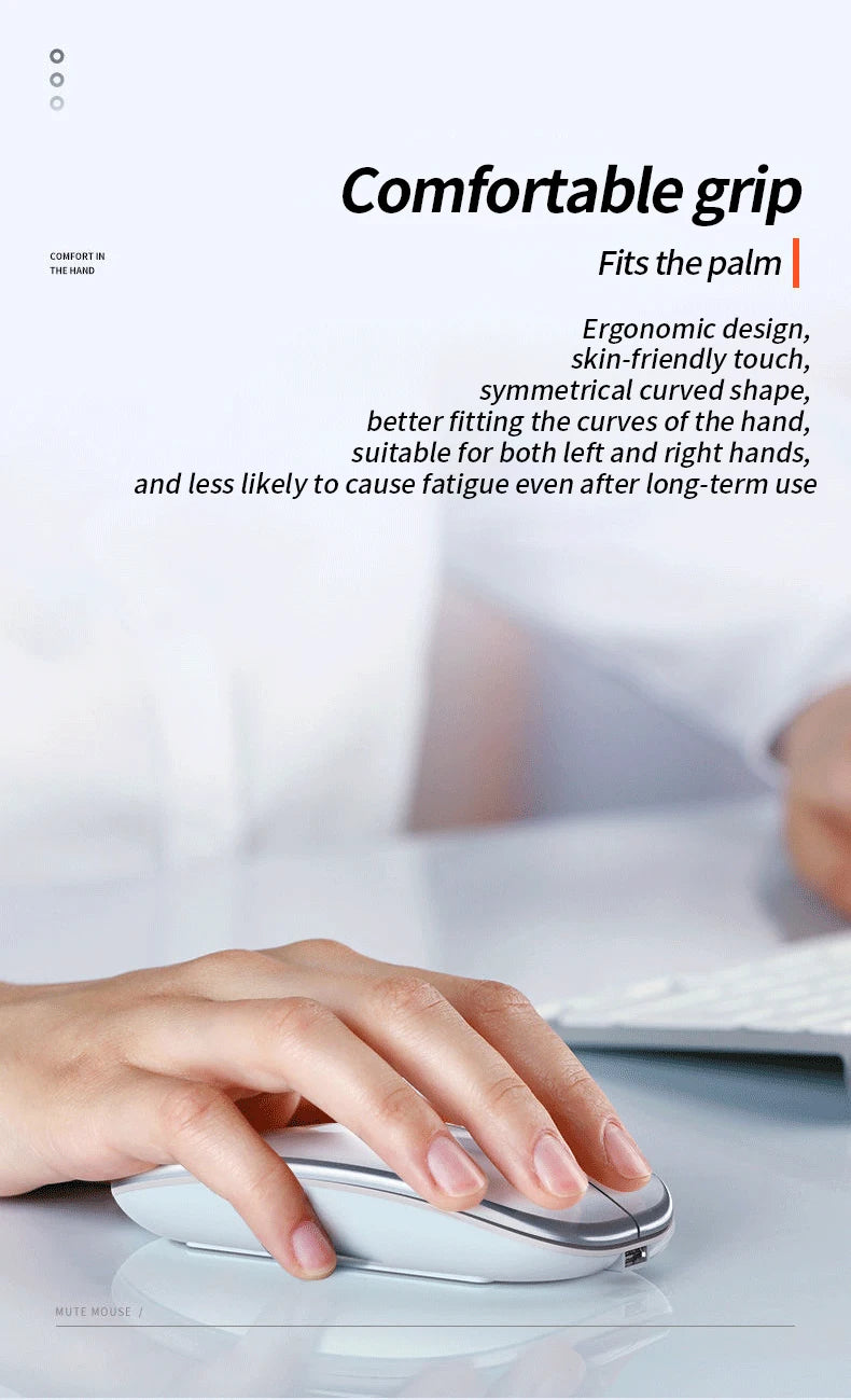 Sleek white, symmetrical ergonomic wireless mouse being used comfortably by hand on a desk.