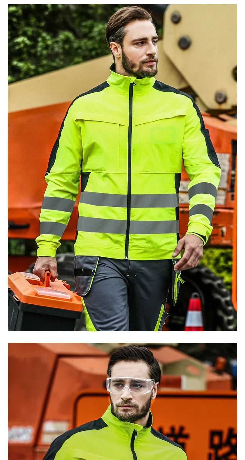 Man wearing a neon yellow and black high-visibility work jacket with reflective stripes and a full front zipper.