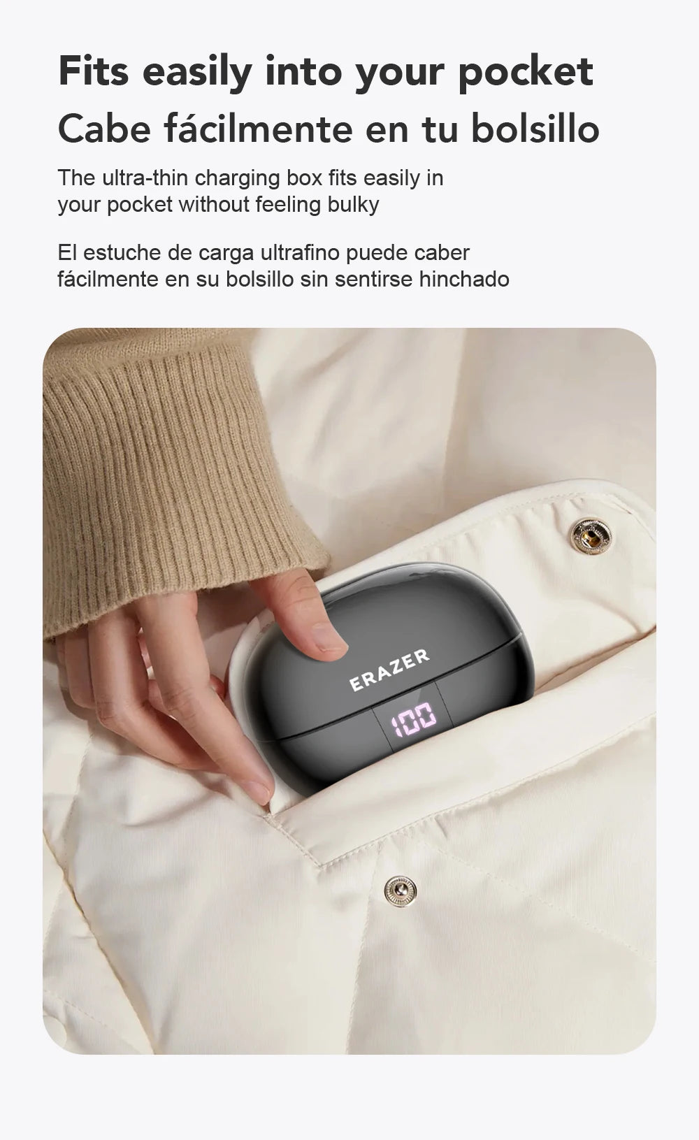 Sleek black wireless earbud charging case with a digital battery display being placed into a pocket.