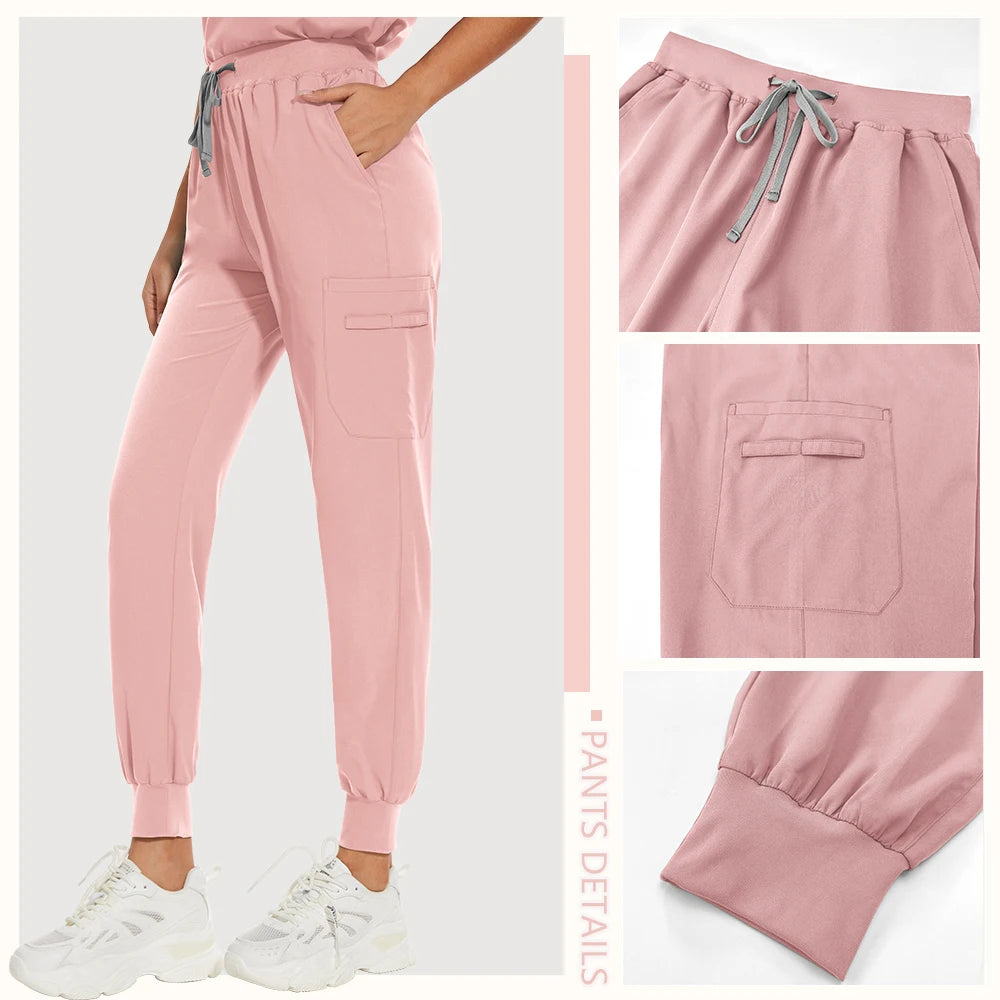 Dusty pink unisex medical scrub joggers with a drawstring waist, side utility pocket, and cuffed ankles.