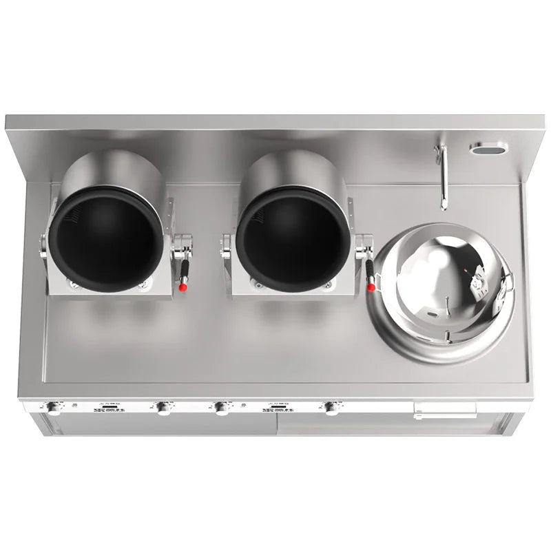 Overhead view of a commercial stainless-steel cooking range with two tiltable pots and a wok burner.