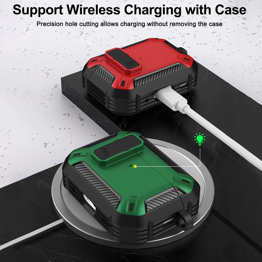 Rugged red and green protective cases for AirPods, featuring carbon-fibre texture and wireless charging support.