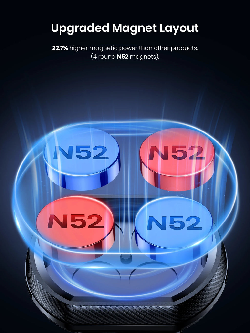 Four round magnets labeled "N52" in blue and red, displayed with a glowing effect above a carbon-textured base.