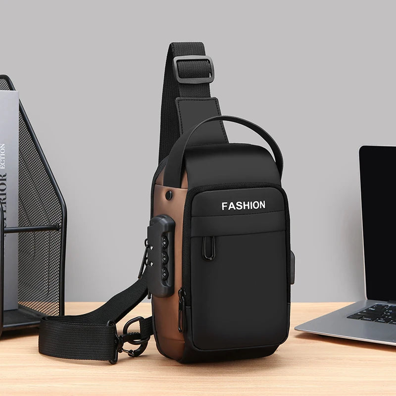 Black and bronze anti-theft crossbody chest bag featuring a built-in combination lock, top handle, and charging port.
