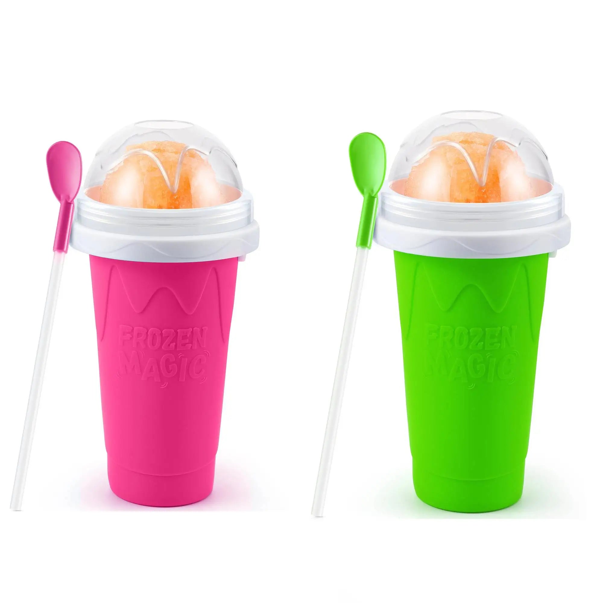 Two DIY slushy maker cups in pink and green, featuring clear dome lids, matching spoons and frozen slushy contents.