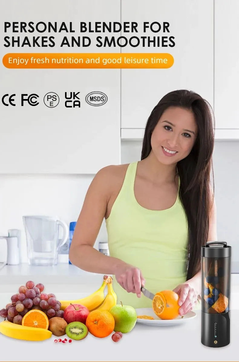 Woman in kitchen next to a sleek black portable cylinder blender, surrounded by fresh fruits for shakes and smoothies.