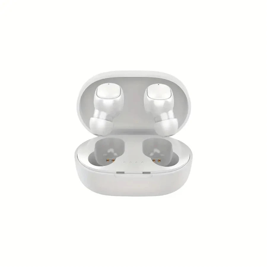 White wireless earbuds in a matching open charging case, featuring a sleek, compact, minimalist design.