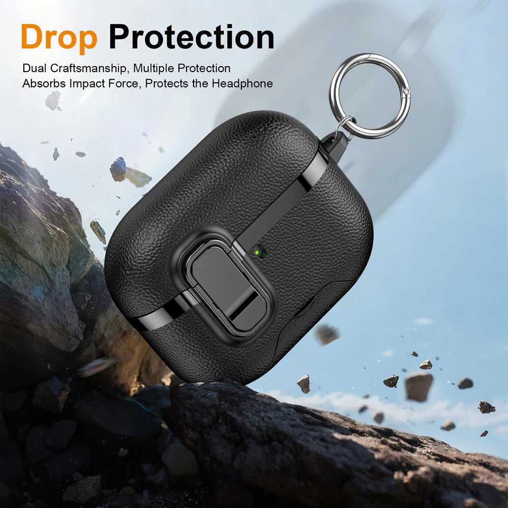 Black faux-leather protective case for AirPods with a metal keychain clip. Rugged, shock-resistant design.