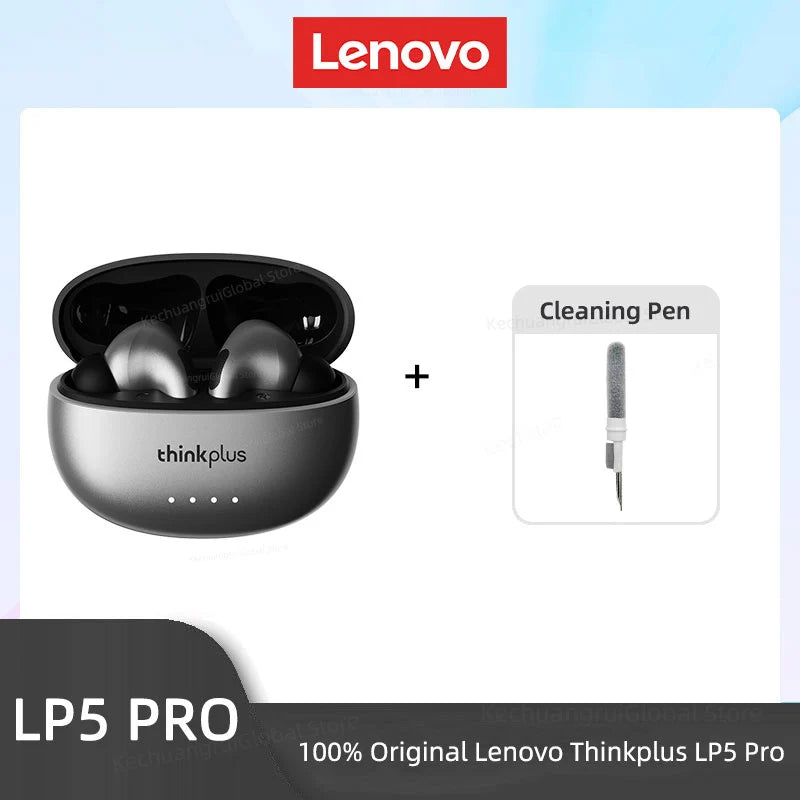 Silver wireless earbuds in a charging case plus a small cleaning pen.