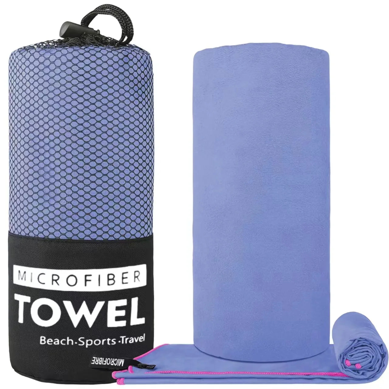 A rolled light purple microfibre travel towel next to its black mesh carry bag.